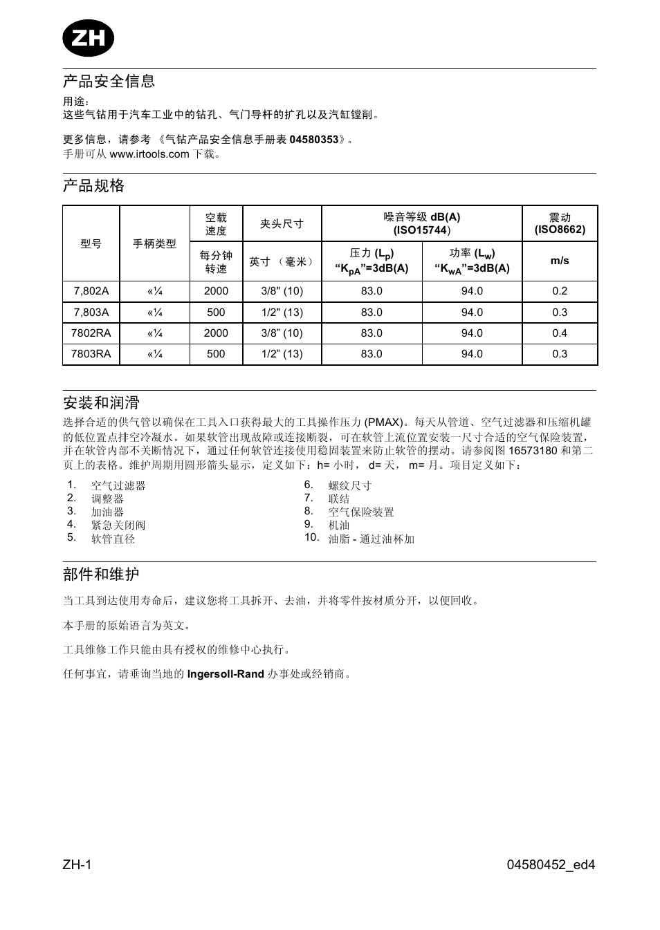 产品安全信息, 产品规格 安装和润滑, 部件和维护 | Ingersoll-Rand 7802RA User Manual | Page 24 / 32