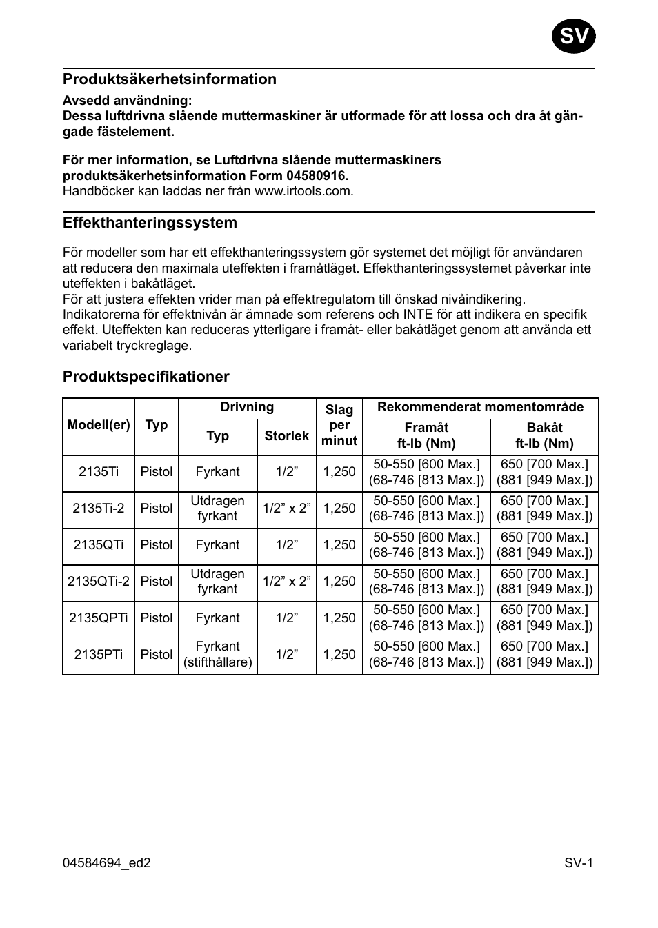 Produktsäkerhetsinformation, Effekthanteringssystem, Produktspecifikationer | Ingersoll-Rand 2135TI User Manual | Page 17 / 52