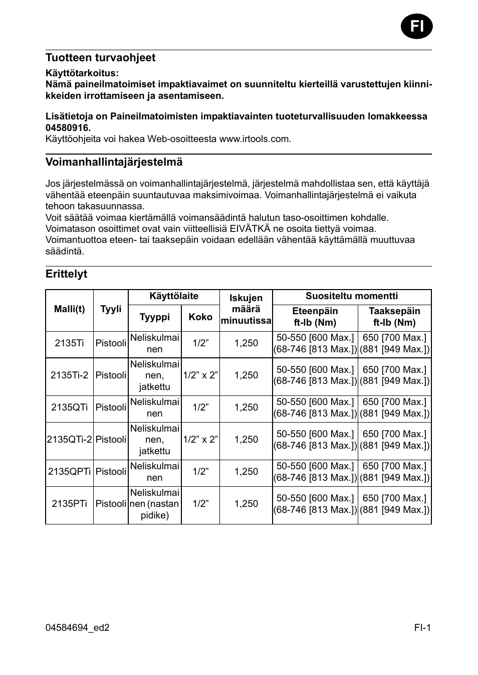 Tuotteen turvaohjeet, Voimanhallintajärjestelmä, Erittelyt | Ingersoll-Rand 2135TI User Manual | Page 21 / 52