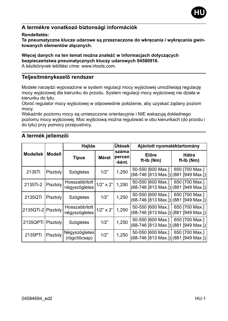 A termékre vonatkozó biztonsági információk, Teljesítménykezelõ rendszer, A termék jellemzõi | Ingersoll-Rand 2135TI User Manual | Page 35 / 52