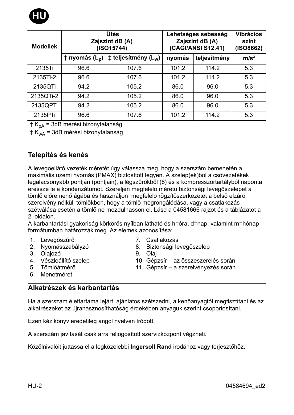 Telepítés és kenés, Alkatrészek és karbantartás | Ingersoll-Rand 2135TI User Manual | Page 36 / 52
