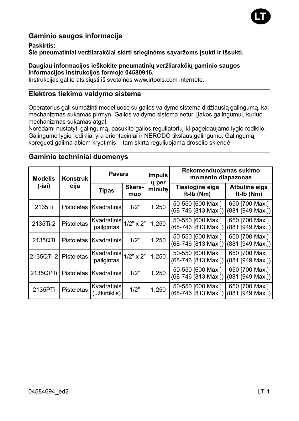 Gaminio saugos informacija, Elektros tiekimo valdymo sistema, Gaminio techniniai duomenys | Ingersoll-Rand 2135TI User Manual | Page 37 / 52