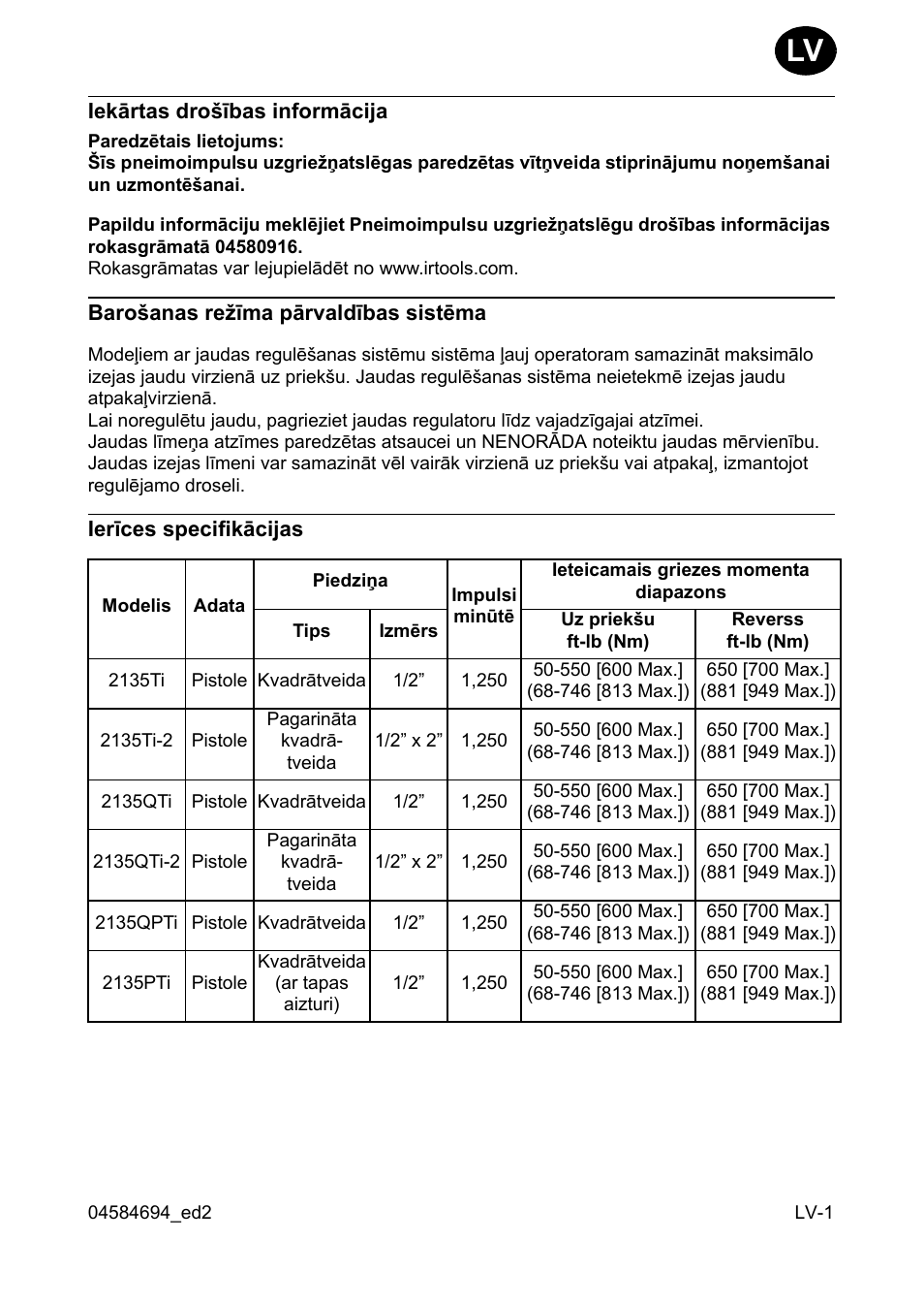 Iekârtas dro²îbas informâcija, Baro²anas re îma pârvaldîbas sistçma, Ierîces specifikâcijas | Ingersoll-Rand 2135TI User Manual | Page 39 / 52