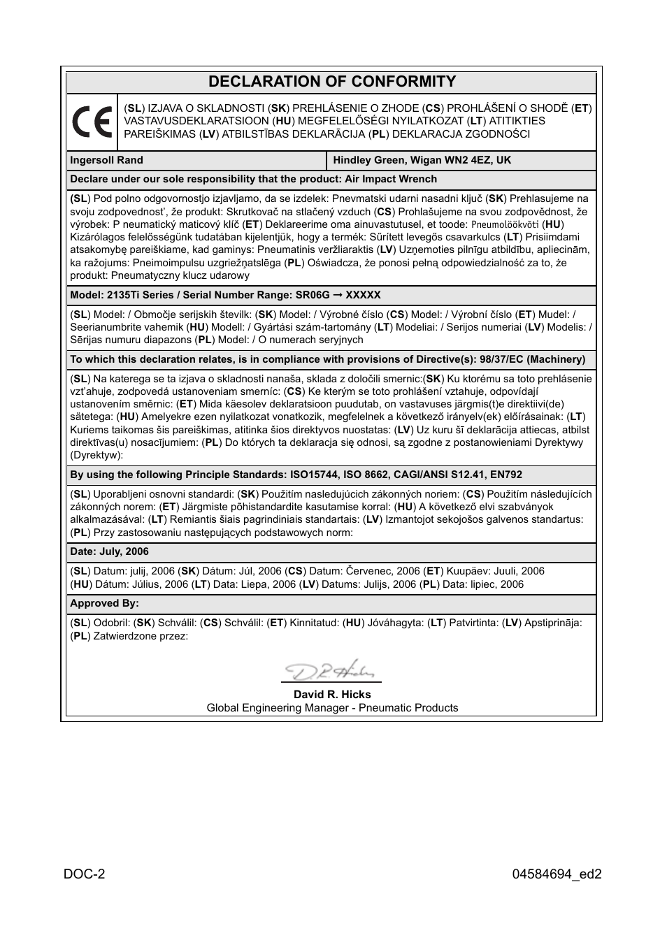 Declaration of conformity | Ingersoll-Rand 2135TI User Manual | Page 48 / 52