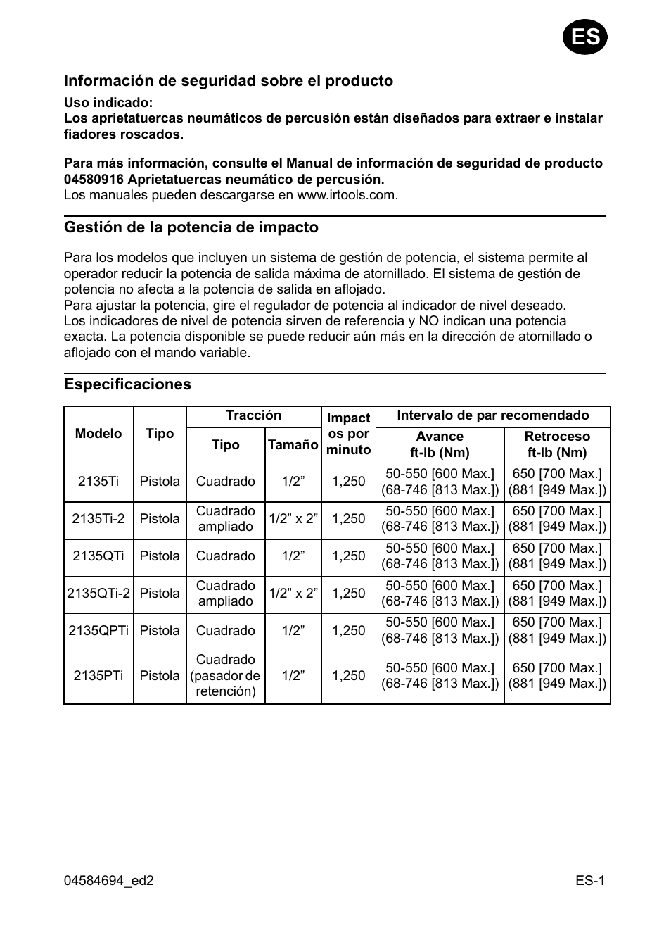 Información de seguridad sobre el producto, Gestión de la potencia de impacto, Especificaciones | Ingersoll-Rand 2135TI User Manual | Page 5 / 52