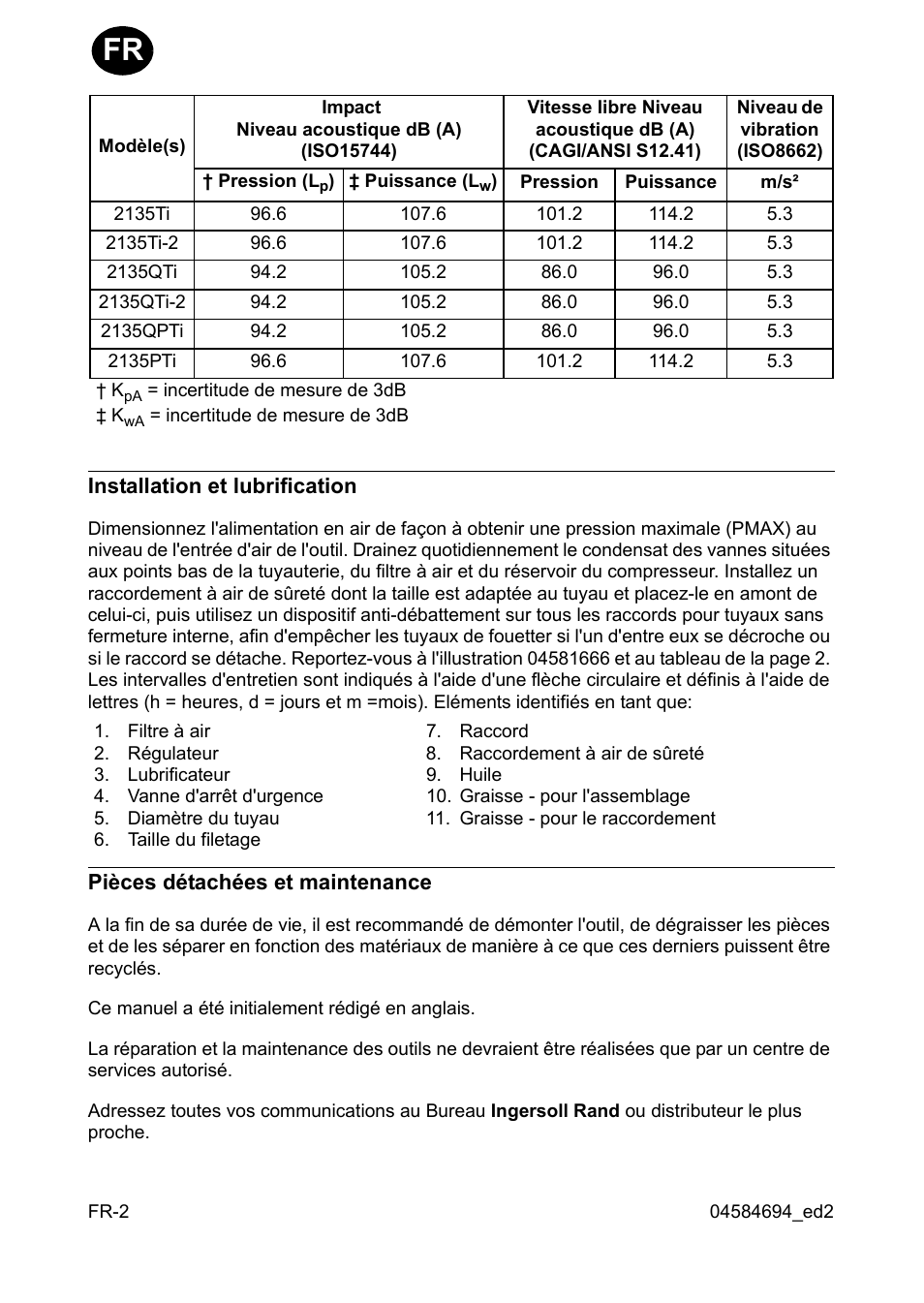 Installation et lubrification, Pièces détachées et maintenance | Ingersoll-Rand 2135TI User Manual | Page 8 / 52