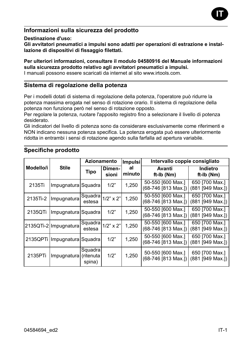 Informazioni sulla sicurezza del prodotto, Sistema di regolazione della potenza, Specifiche prodotto | Ingersoll-Rand 2135TI User Manual | Page 9 / 52