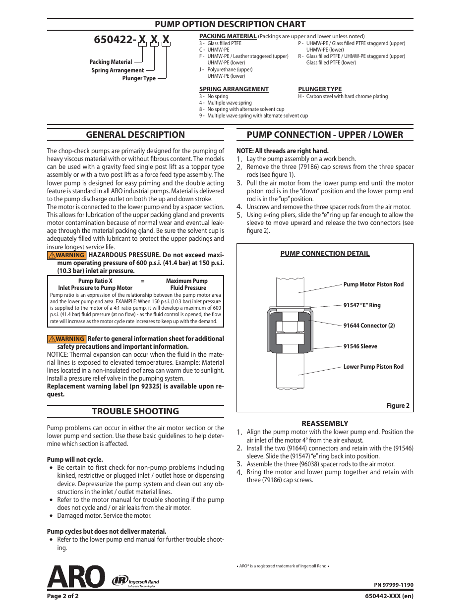 General description, Trouble shooting, Pump option description chart | Pump connection - upper / lower | Ingersoll-Rand ARO 650442-XXX User Manual | Page 2 / 2