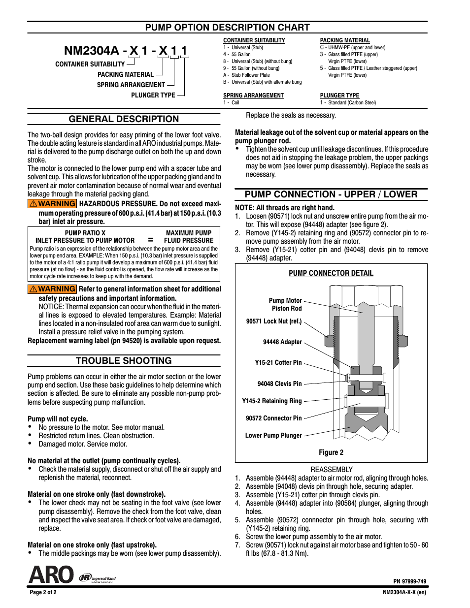 Pump option description chart, General description, Trouble shooting | Pump connection - upper / lower | Ingersoll-Rand NM2304A-X-X User Manual | Page 2 / 2