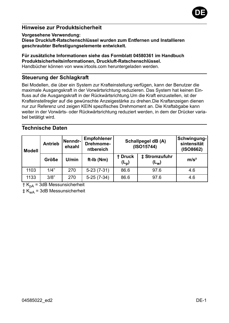 Hinweise zur produktsicherheit, Steuerung der schlagkraft, Technische daten | Ingersoll-Rand 1103 User Manual | Page 11 / 52
