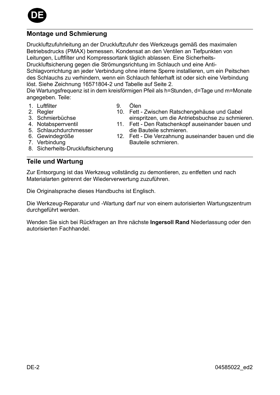 Montage und schmierung, Teile und wartung | Ingersoll-Rand 1103 User Manual | Page 12 / 52