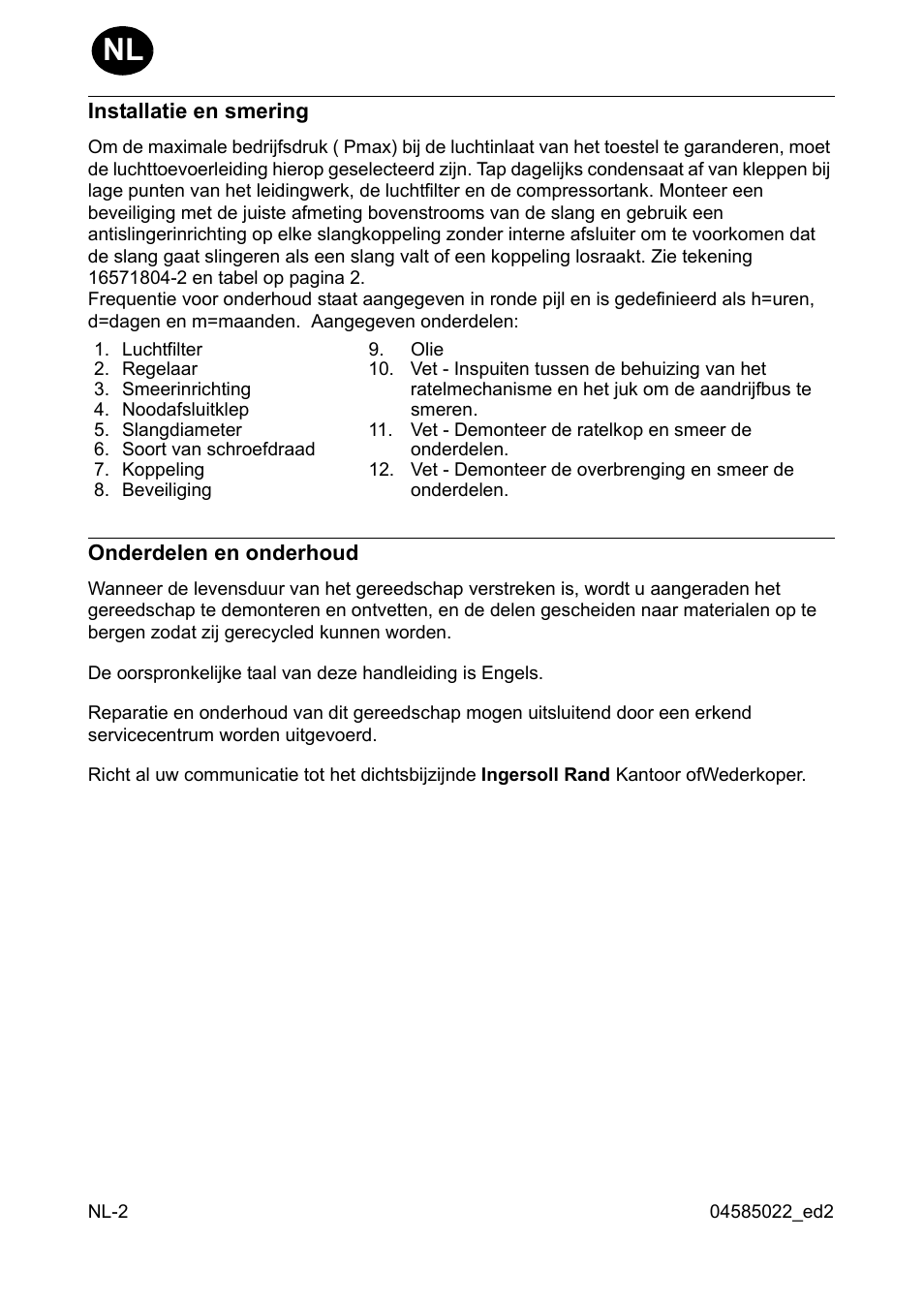 Installatie en smering, Onderdelen en onderhoud | Ingersoll-Rand 1103 User Manual | Page 14 / 52