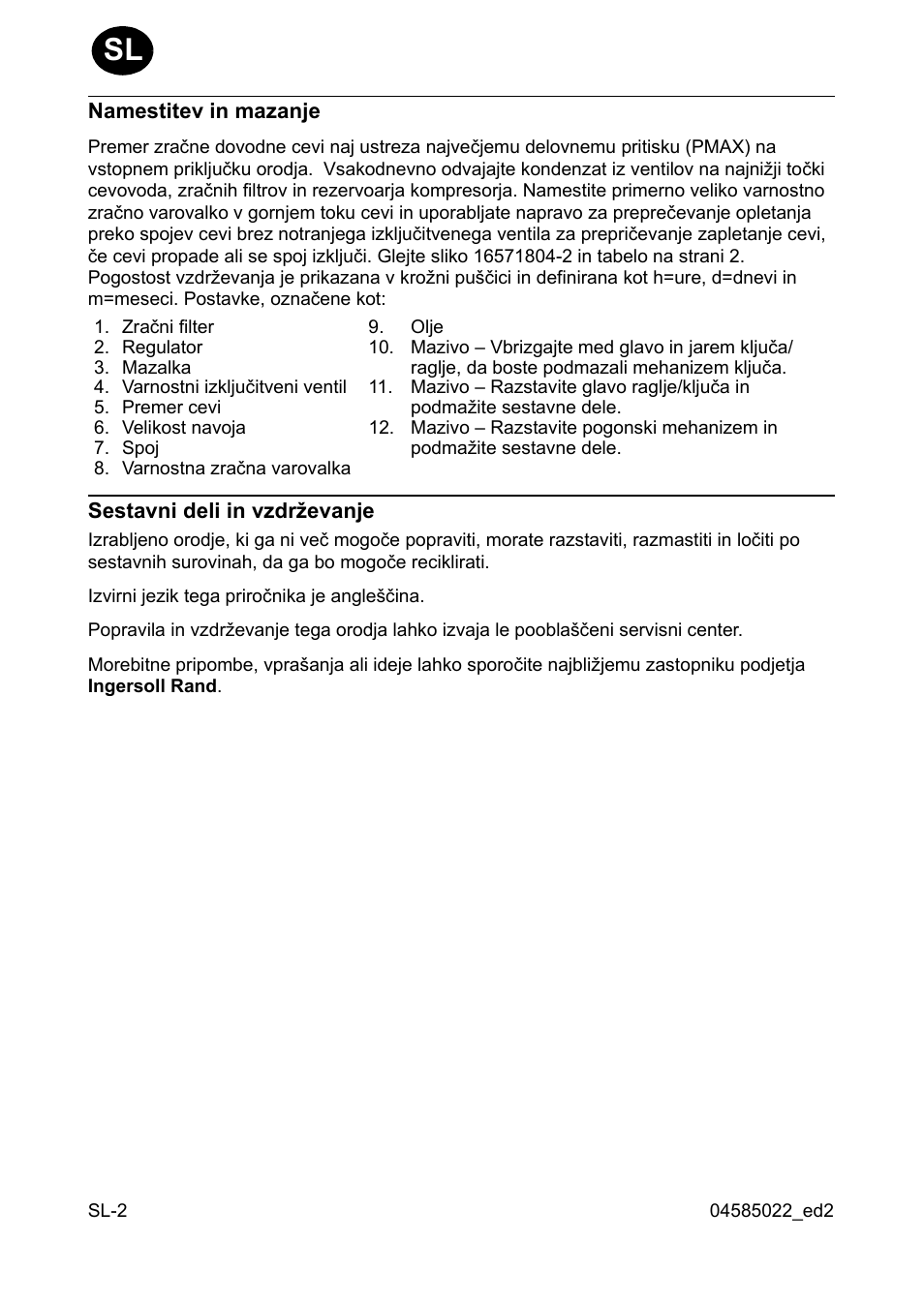 Namestitev in mazanje, Sestavni deli in vzdr˛evanje | Ingersoll-Rand 1103 User Manual | Page 28 / 52