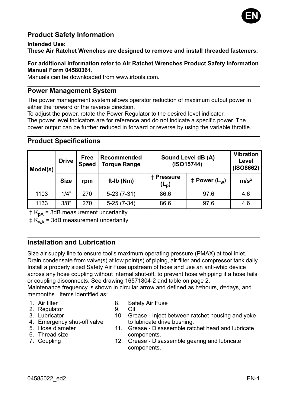Product safety information, Power management system, Product specifications | Installation and lubrication | Ingersoll-Rand 1103 User Manual | Page 3 / 52