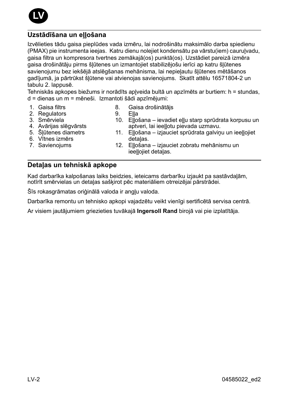 Uzstâdî²ana un eïïo²ana, Detaïas un tehniskâ apkope | Ingersoll-Rand 1103 User Manual | Page 40 / 52