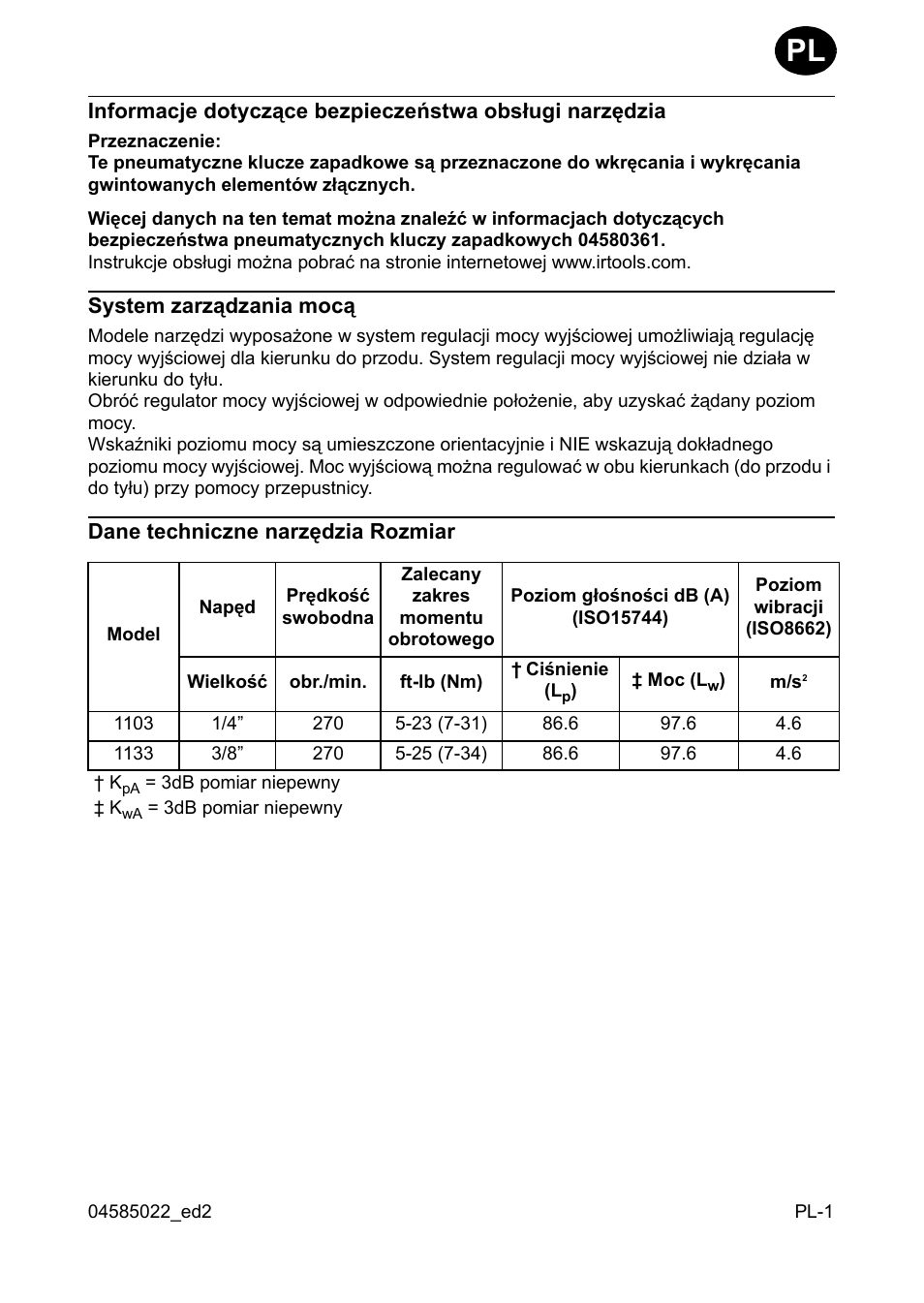 System zarz¶dzania moc, Dane techniczne narzêdzia rozmiar | Ingersoll-Rand 1103 User Manual | Page 41 / 52