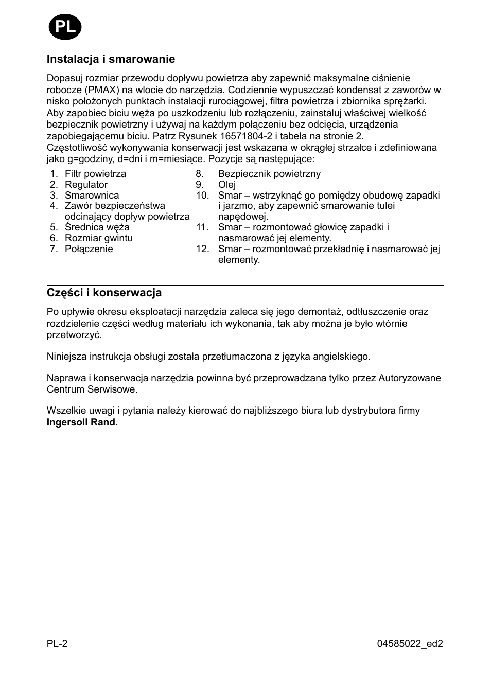 Instalacja i smarowanie, Czêœci i konserwacja | Ingersoll-Rand 1103 User Manual | Page 42 / 52