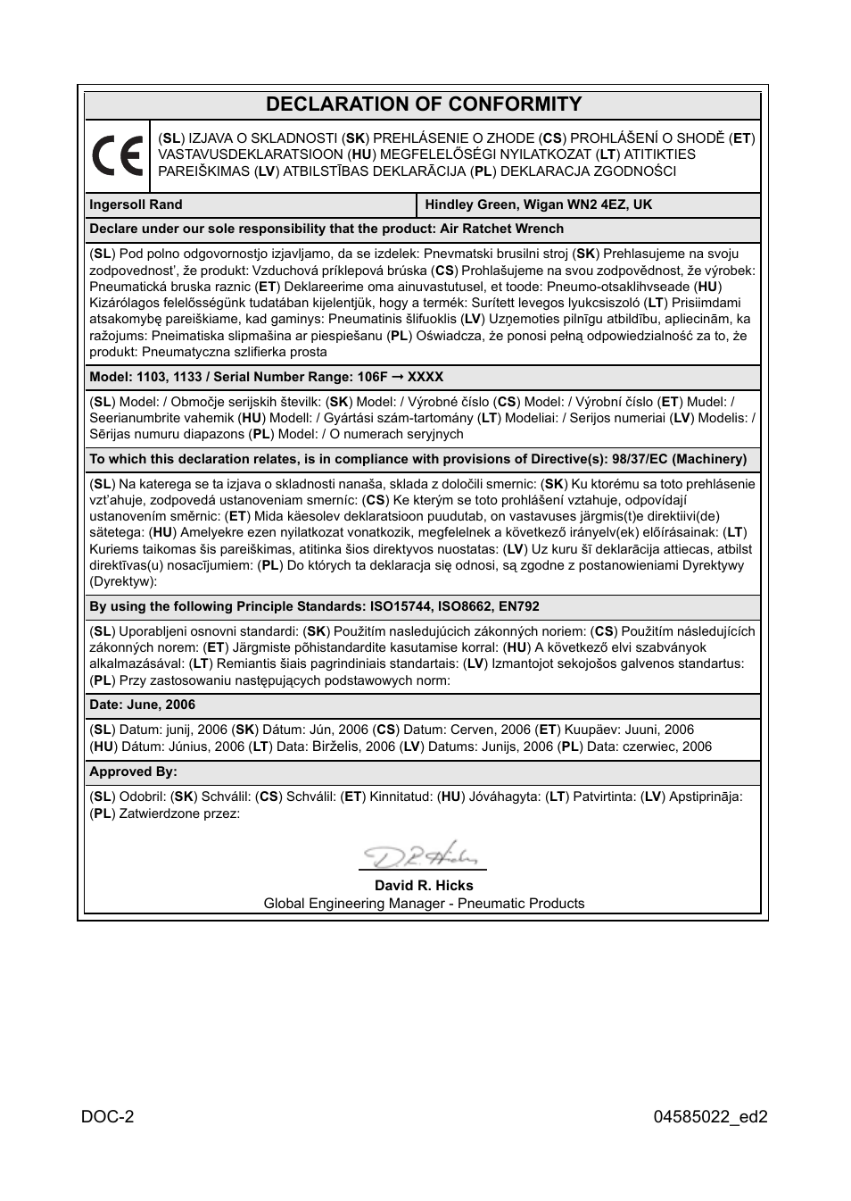 Declaration of conformity | Ingersoll-Rand 1103 User Manual | Page 48 / 52