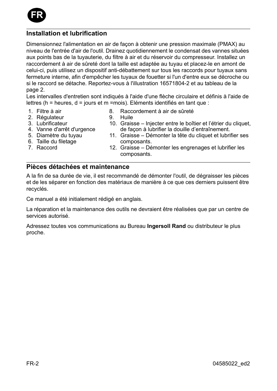 Installation et lubrification, Pièces détachées et maintenance | Ingersoll-Rand 1103 User Manual | Page 8 / 52