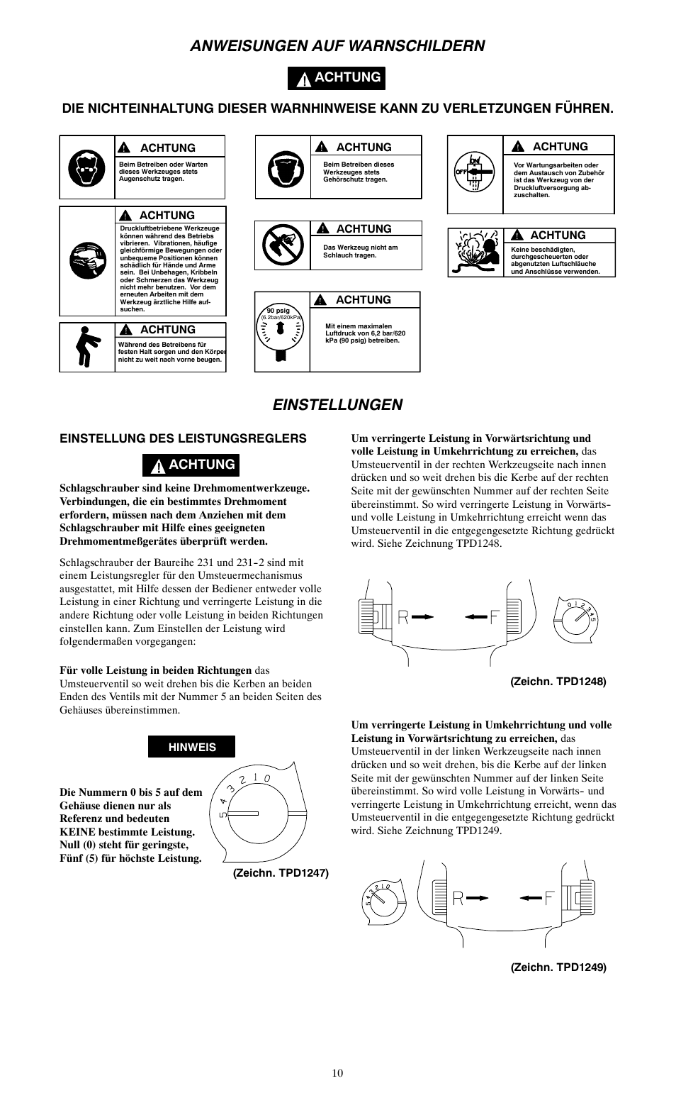 Anweisungen auf warnschildern, Einstellungen, Achtung | Einstellung des leistungsreglers | Ingersoll-Rand 231 User Manual | Page 10 / 28