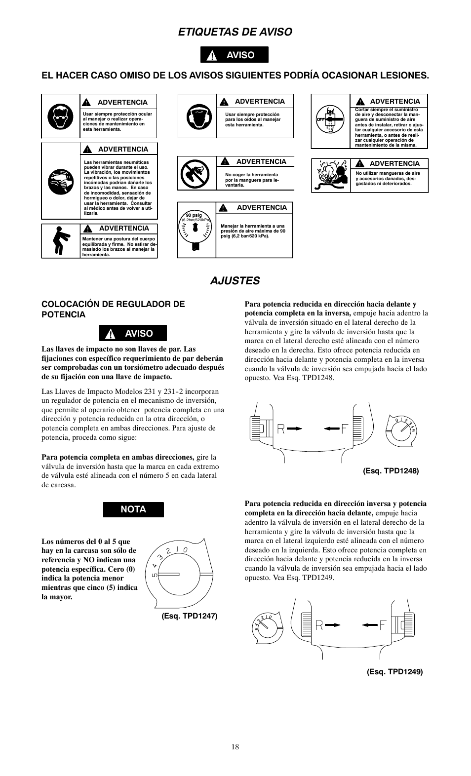 Etiquetas de aviso, Ajustes, Aviso | Nota, Colocación de regulador de potencia | Ingersoll-Rand 231 User Manual | Page 18 / 28
