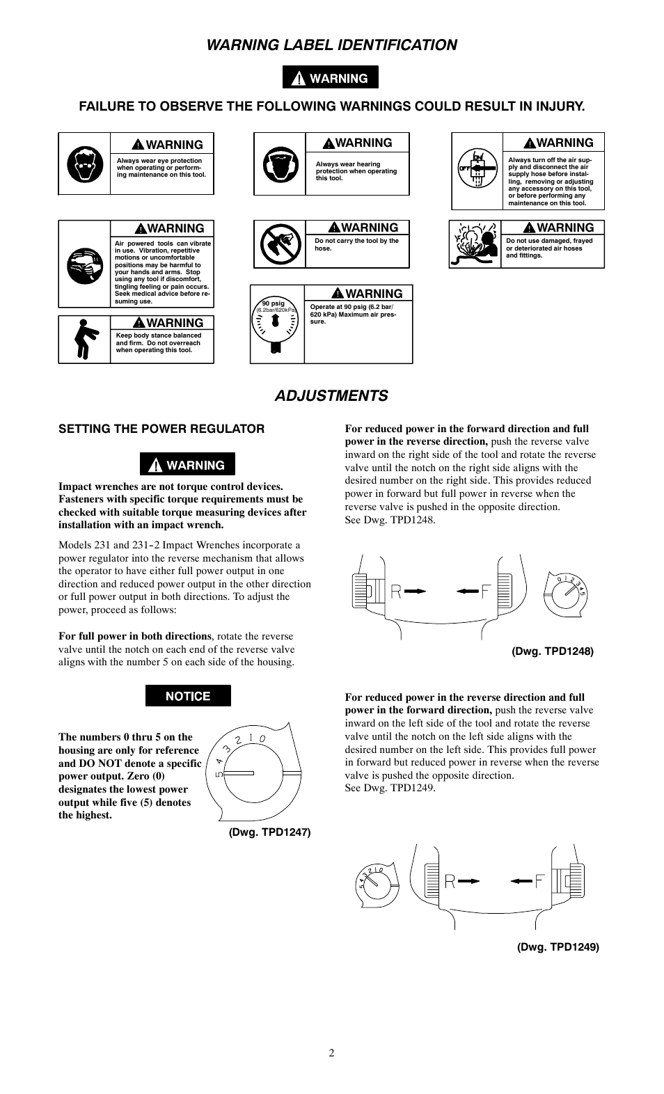 Warning label identification, Adjustments, Warning | Setting the power regulator | Ingersoll-Rand 231 User Manual | Page 2 / 28