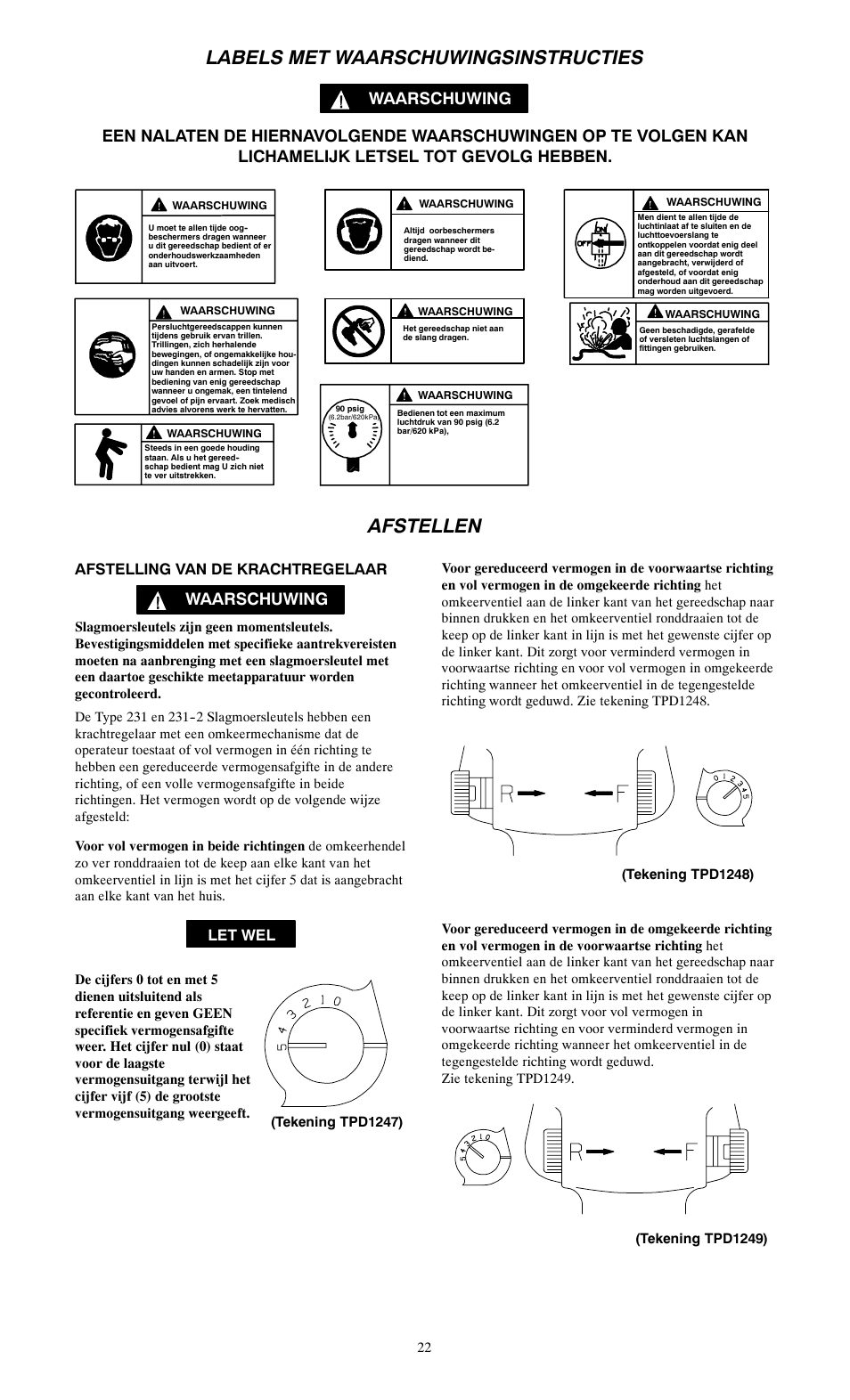 Labels met waarschuwingsinstructies, Afstellen, Waarschuwing | Afstelling van de krachtregelaar, Let wel | Ingersoll-Rand 231 User Manual | Page 22 / 28