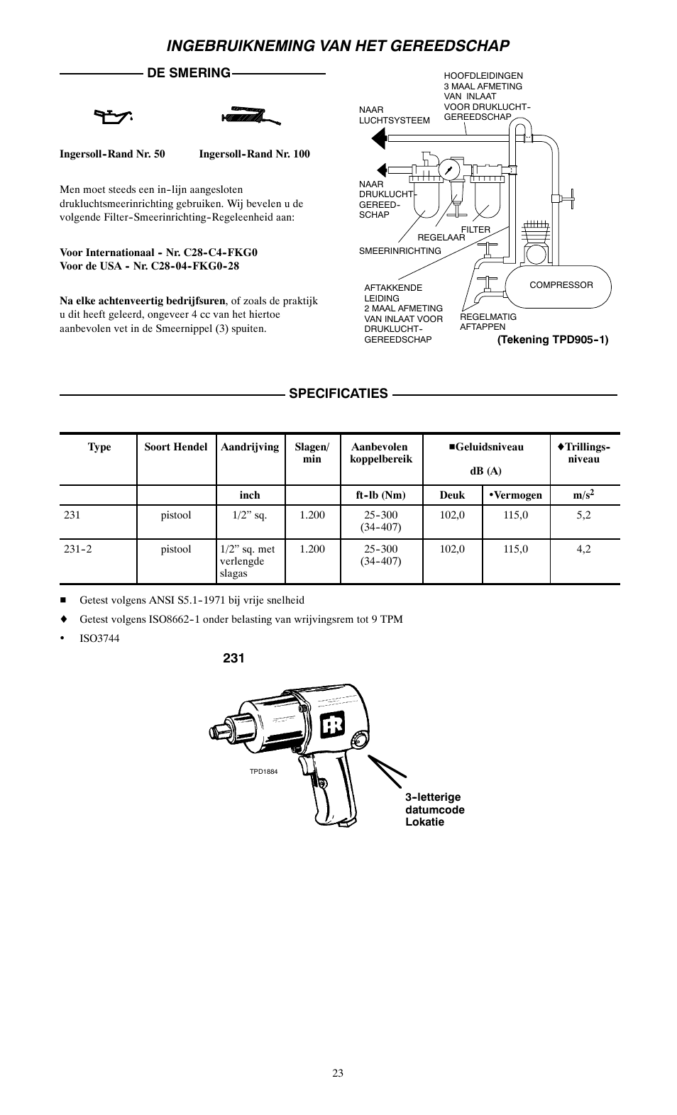 Ingebruikneming van het gereedschap, De smering, Specificaties | Ingersoll-Rand 231 User Manual | Page 23 / 28