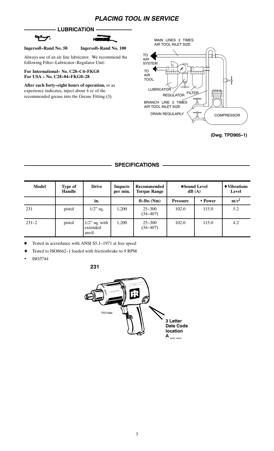 Placing tool in service, Lubrication, Specifications | Ingersoll-Rand 231 User Manual | Page 3 / 28