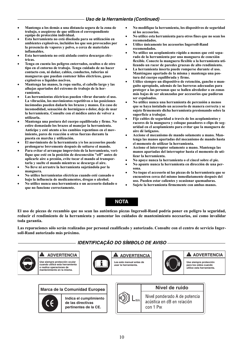 Nota, Nivel de ruido | Ingersoll-Rand IR90VR User Manual | Page 10 / 24