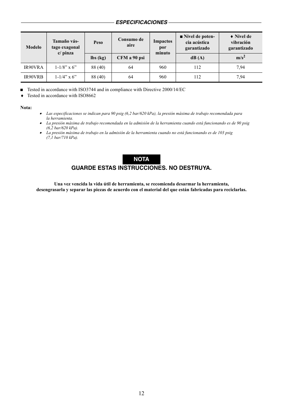 Guarde estas instrucciones. no destruya, Nota | Ingersoll-Rand IR90VR User Manual | Page 12 / 24