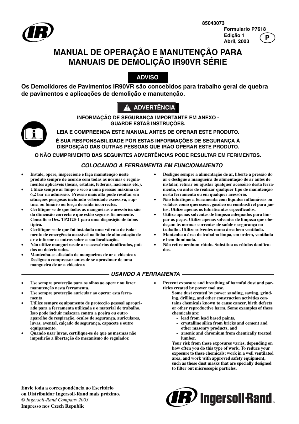 Adviso advertência | Ingersoll-Rand IR90VR User Manual | Page 13 / 24