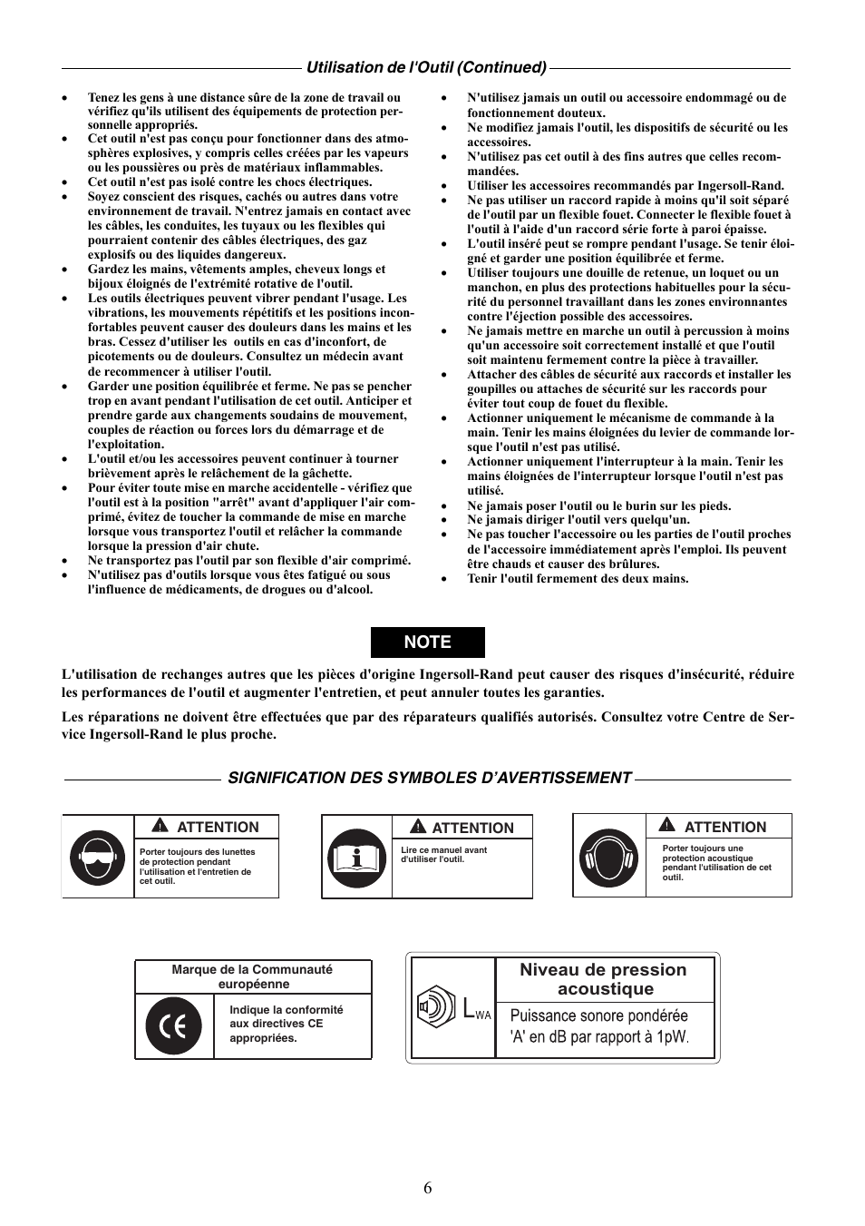 Niveau de pression acoustique | Ingersoll-Rand IR90VR User Manual | Page 6 / 24