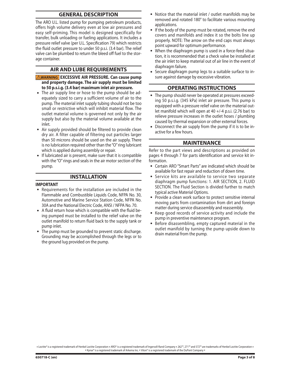 General description, Air and lube requirements, Installation | Operating instructions, Maintenance | Ingersoll-Rand ARO 650718-C User Manual | Page 3 / 8