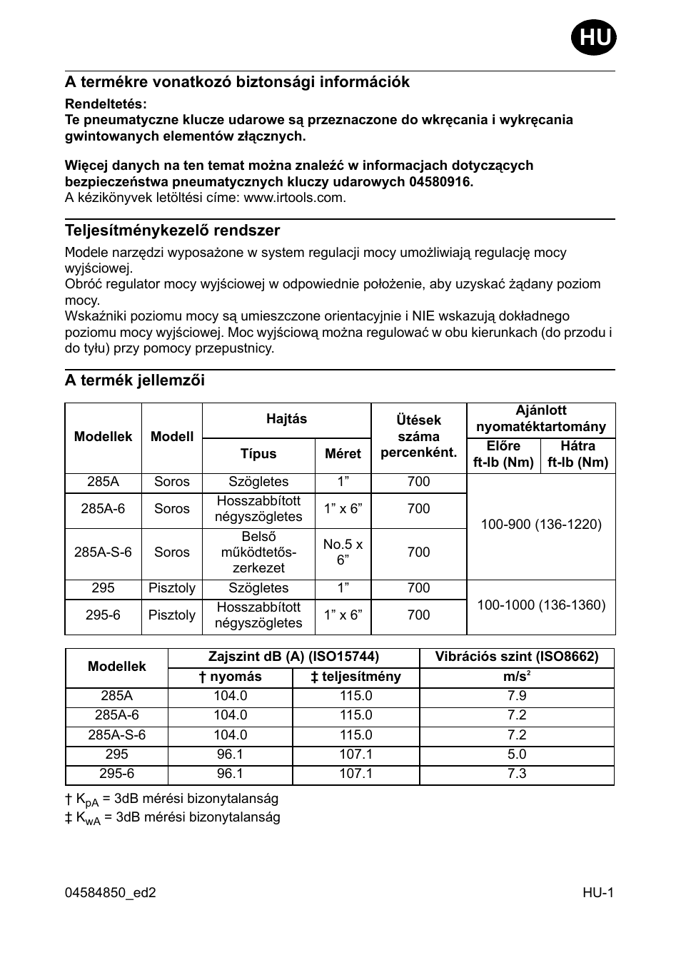 A termékre vonatkozó biztonsági információk, Teljesítménykezelõ rendszer, A termék jellemzõi | Ingersoll-Rand 295 User Manual | Page 35 / 52