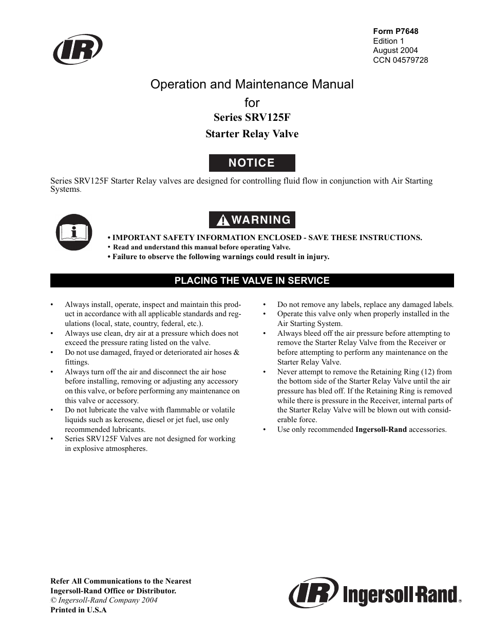 Ingersoll-Rand SRV125F User Manual | 8 pages