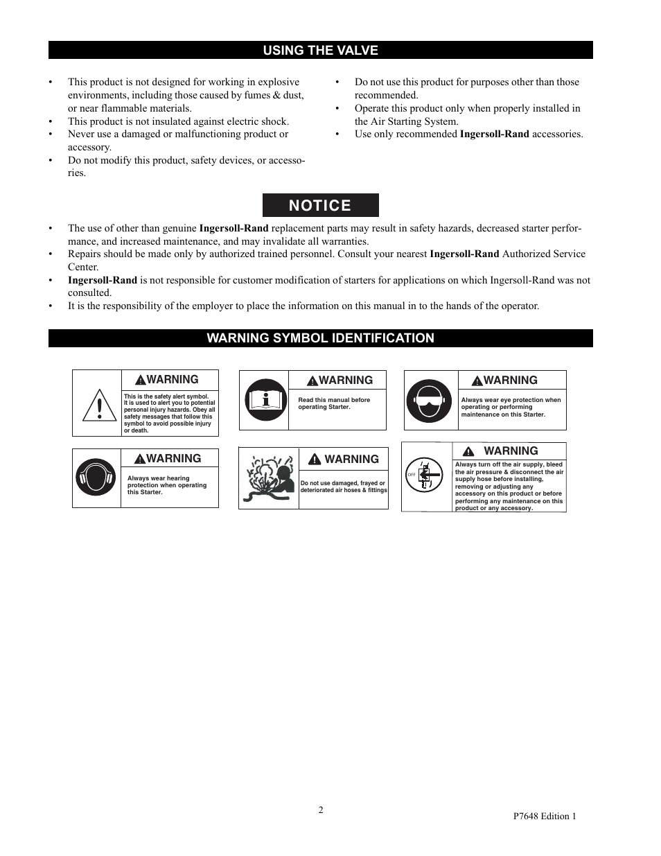 Using the valve, Warning symbol identification, Notice | Ingersoll-Rand SRV125F User Manual | Page 2 / 8