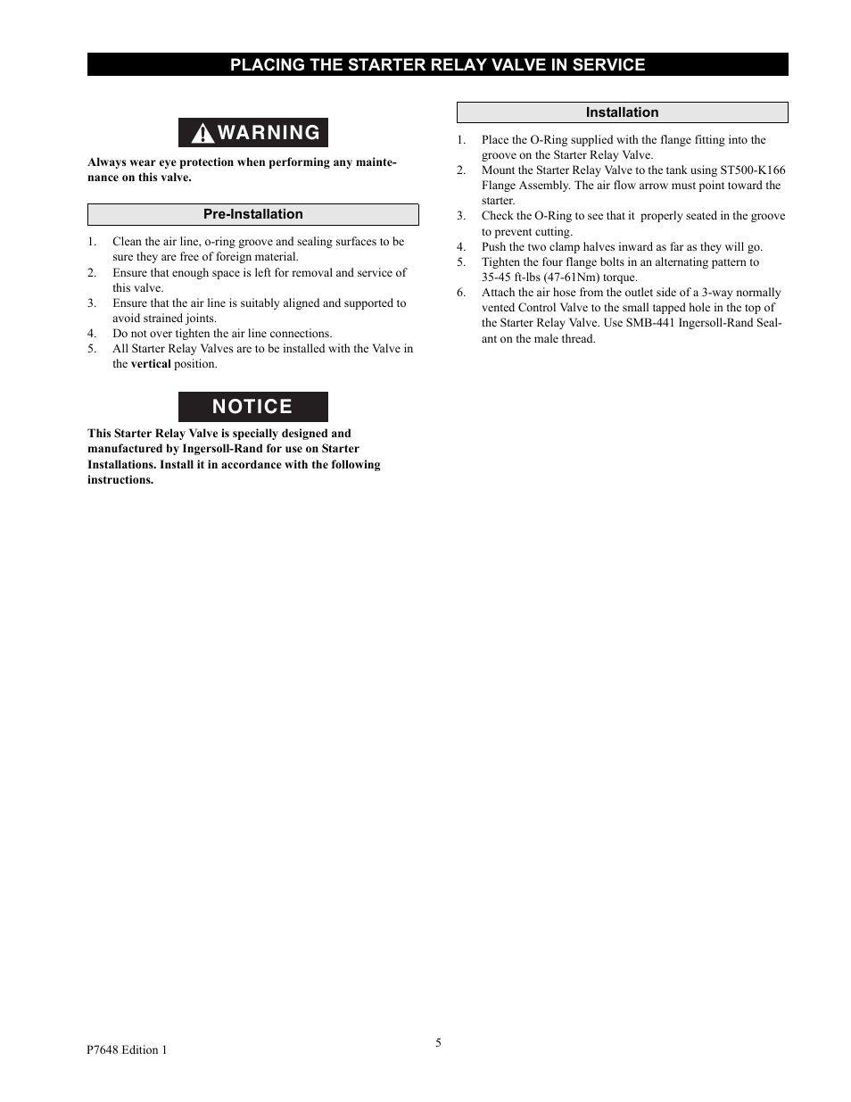 Placing the starter relay valve in service, Pre-installation, Installation | Warning notice | Ingersoll-Rand SRV125F User Manual | Page 5 / 8