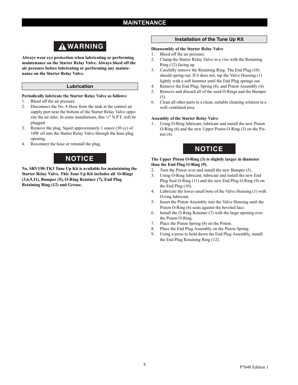 Maintenance, Lubrication, Installation of the tune up kit | Warning notice notice | Ingersoll-Rand SRV125F User Manual | Page 6 / 8