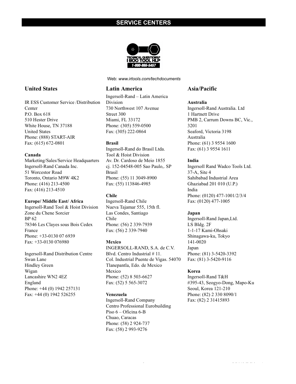 Service centers | Ingersoll-Rand SRV125F User Manual | Page 8 / 8