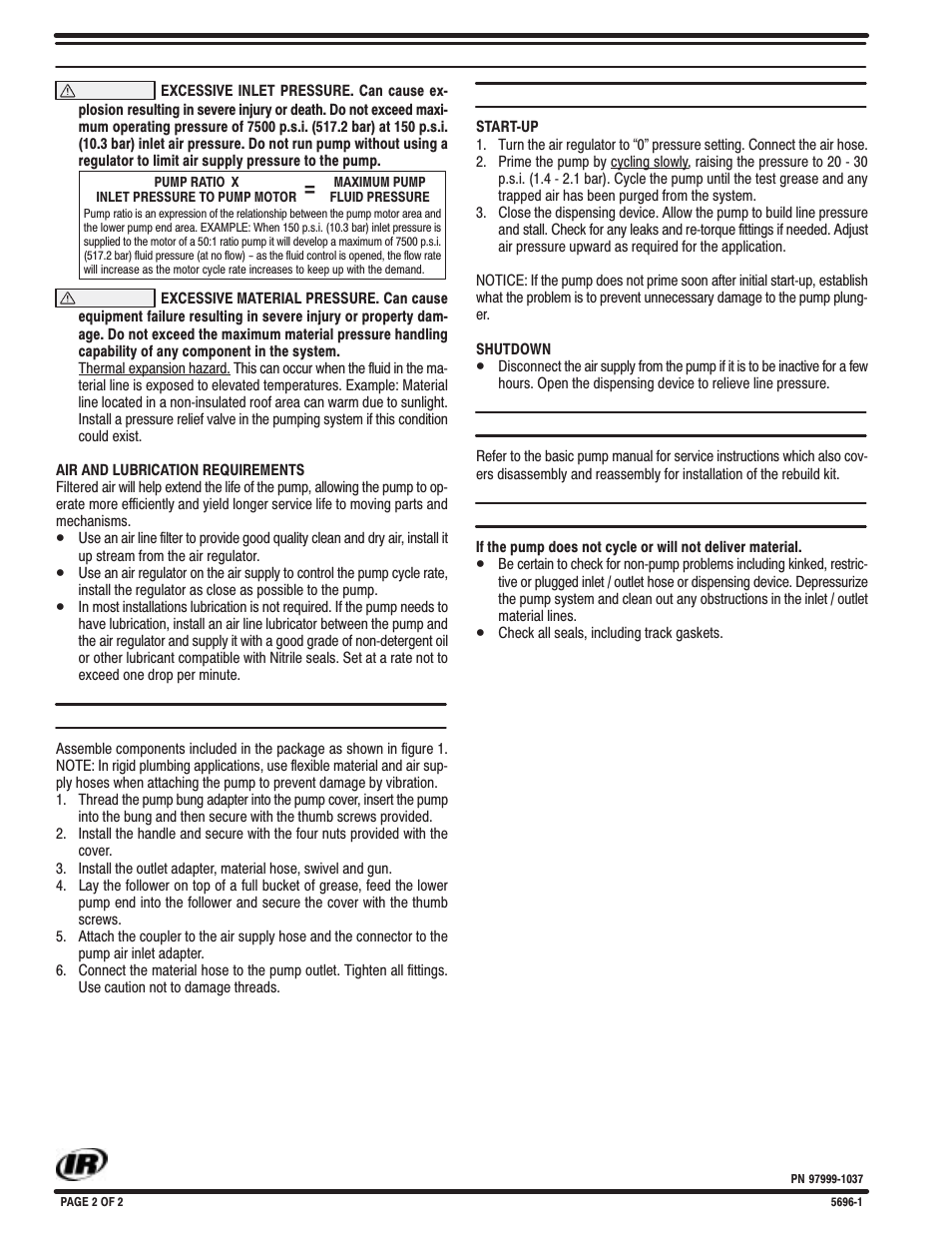 Placing into service | Ingersoll-Rand 5696-1 User Manual | Page 2 / 2