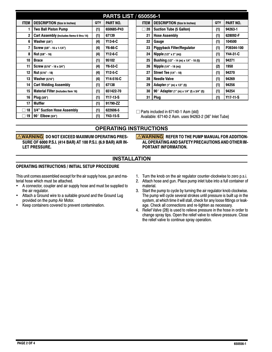 Operating instructions, Installation | Ingersoll-Rand 650556-1 User Manual | Page 2 / 4