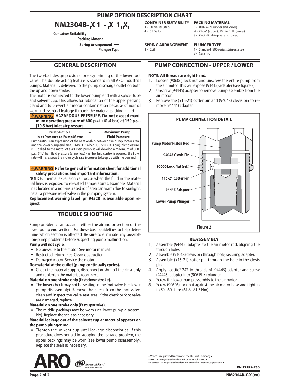 General description, Trouble shooting, Pump connection - upper / lower | Pump option description chart | Ingersoll-Rand NM2304B-X-X User Manual | Page 2 / 2