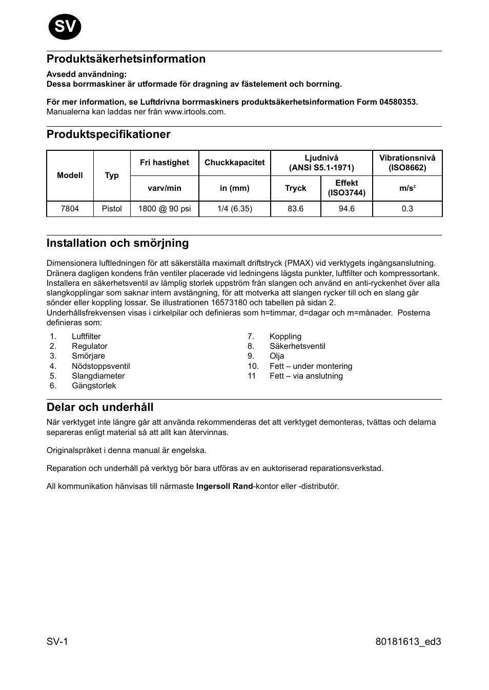 Produktsäkerhetsinformation, Produktspecifikationer, Installation och smörjning | Delar och underhåll, Produktspecifikationer installation och smörjning | Ingersoll-Rand 7804 User Manual | Page 10 / 28