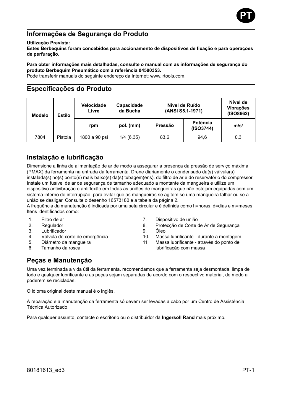 Informações de segurança do produto, Especificações do produto, Instalação e lubrificação | Peças e manutenção | Ingersoll-Rand 7804 User Manual | Page 13 / 28