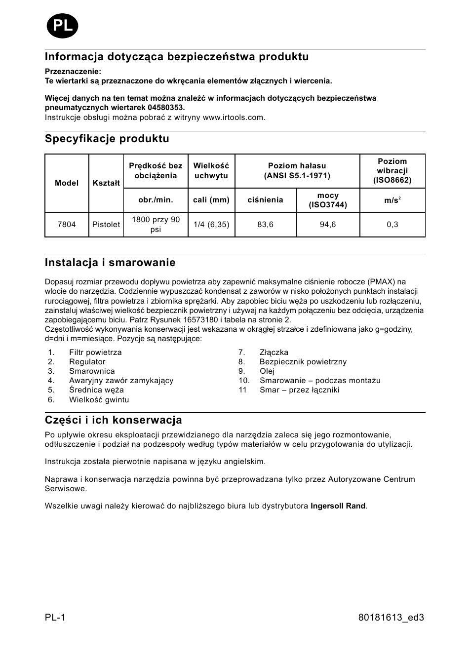 Informacja dotycz¶ca bezpieczeñstwa produktu, Specyfikacje produktu, Instalacja i smarowanie | Czêœci i ich konserwacja, Informacja dotycząca bezpieczeństwa produktu, Specyfikacje produktu instalacja i smarowanie, Części i ich konserwacja | Ingersoll-Rand 7804 User Manual | Page 22 / 28