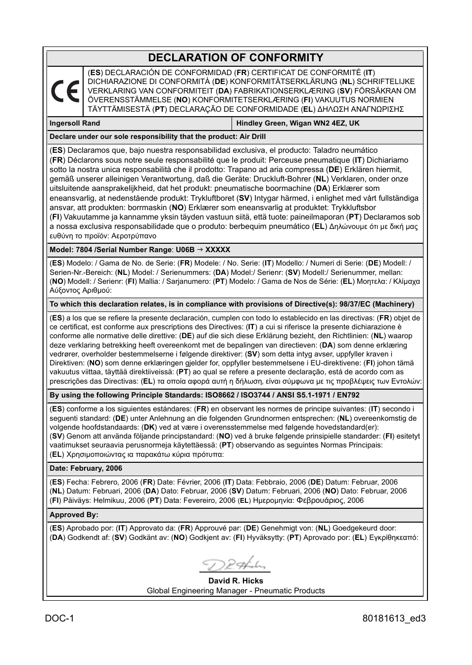 Declaration of conformity | Ingersoll-Rand 7804 User Manual | Page 24 / 28