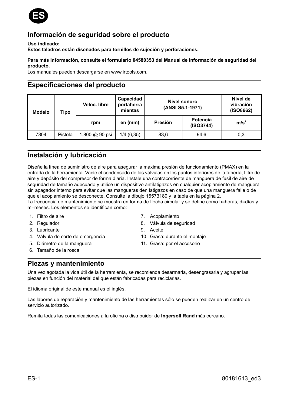 Información de seguridad sobre el producto, Especificaciones del producto, Instalación y lubricación | Piezas y mantenimiento | Ingersoll-Rand 7804 User Manual | Page 4 / 28