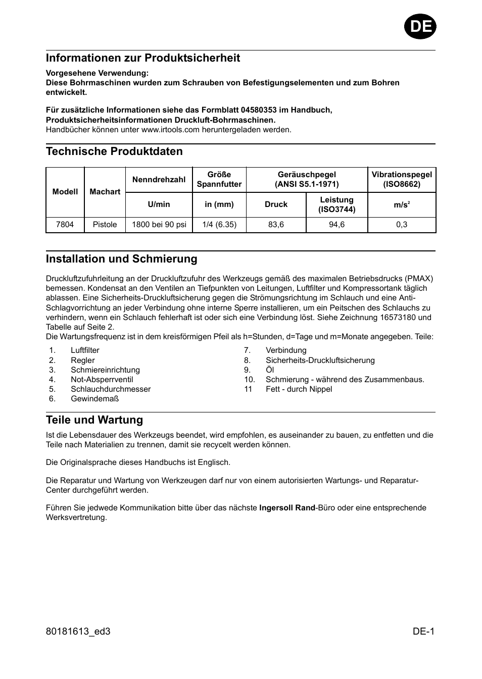 Informationen zur produktsicherheit, Technische produktdaten, Installation und schmierung | Teile und wartung | Ingersoll-Rand 7804 User Manual | Page 7 / 28