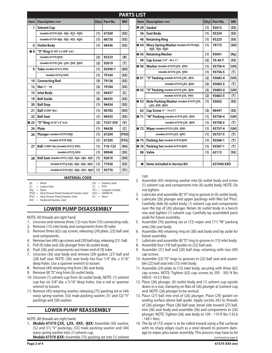 Lower pump disassembly, Lower pump reassembly, Parts list | Ingersoll-Rand 6737X-XXX User Manual | Page 2 / 4